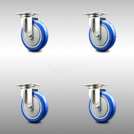 Service Caster 5 Inch 316SS Blue Polyurethane Wheel Swivel Top Plate Caster Set SCC-SS31620S514-PPUB-BLUE-4